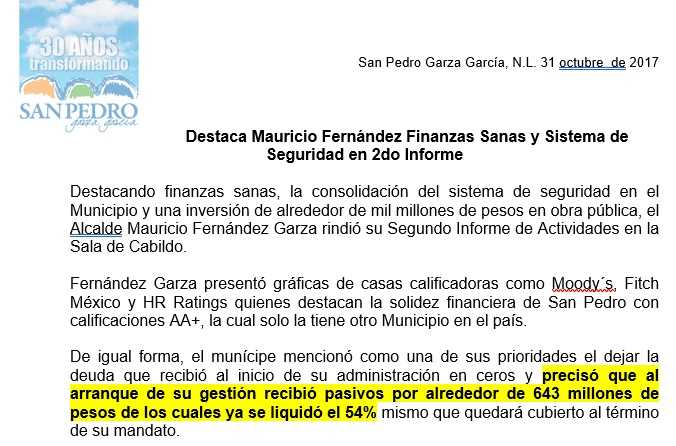 Alcaldes de SP, Apodaca y Monterrey hablan sobre deudas, ¿son ciertos o falsos sus dichos? 2 Comunicado San Pedro 1