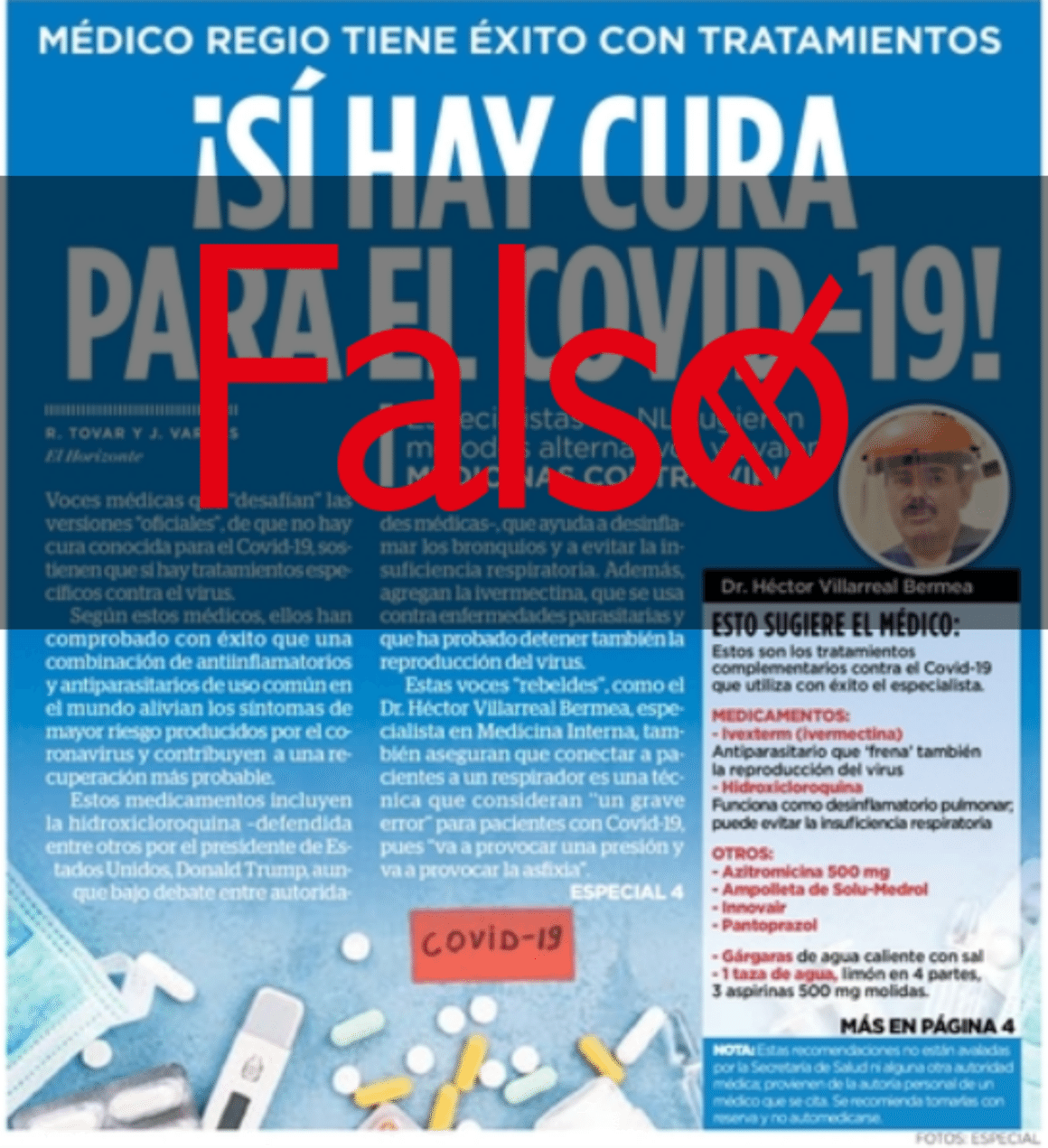 Falso que exista cura para la COVID-19 como publicó en su portada El Horizonte 1 Falso Nota 1