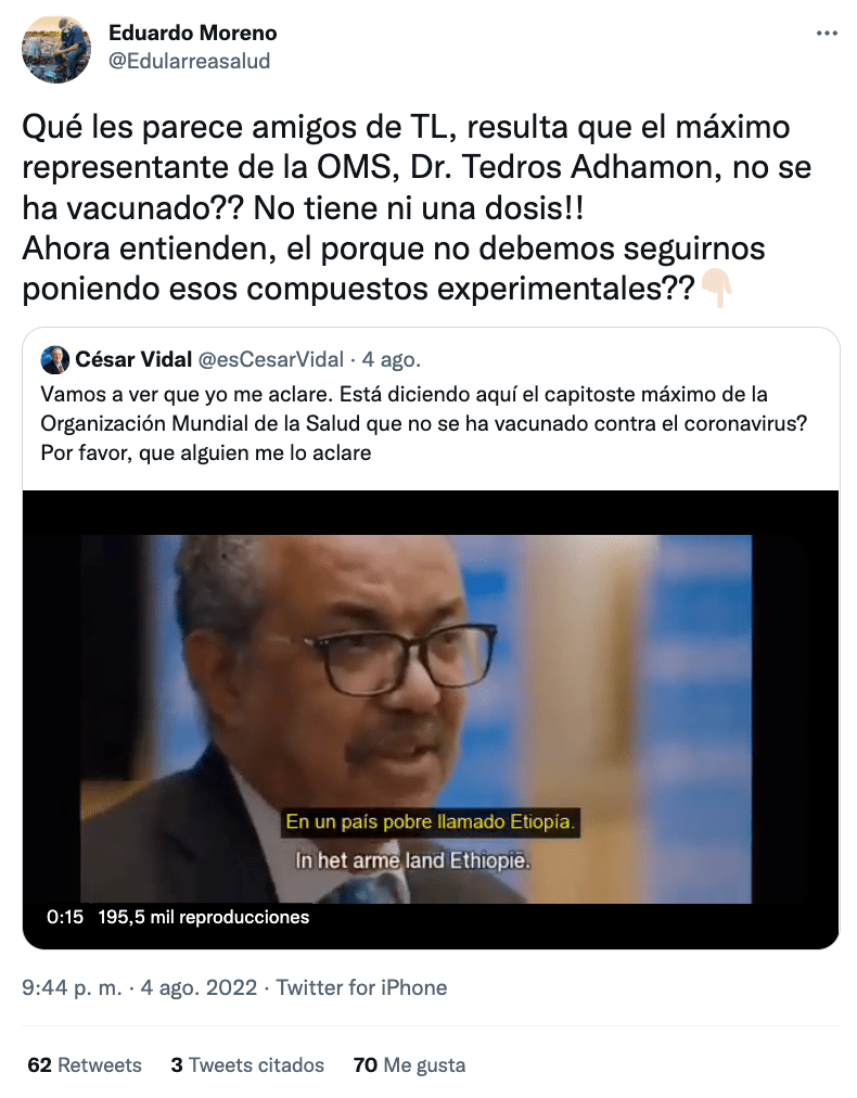 Falso que Tedros Adhanom no se vacunó contra Covid-19 1 Captura de Pantalla 2022 08 05 a las 5.26.56 p.m.