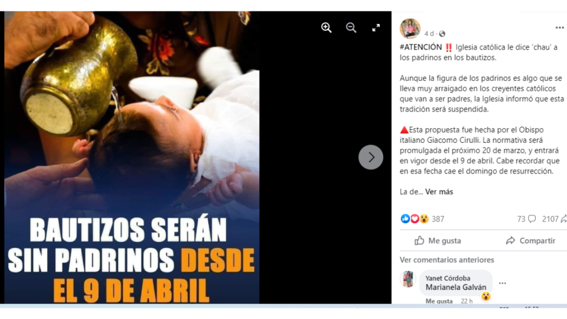 Engañoso que Iglesia católica eliminó a padrinos y madrinas en los bautizos 1 Desinformacion nuevo 7