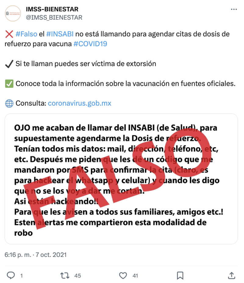 Alerta de fraude: IMSS-BIENESTAR no realiza llamadas para agendar dosis de refuerzo contra COVID-19 1 fraude