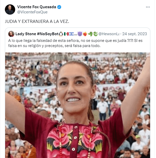 Vicente Fox Quesada, expresidente de México, emitió comentarios discriminatorios hacia Claudia Sheinbaum Pardo, candidata a la presidencia de México por Morena