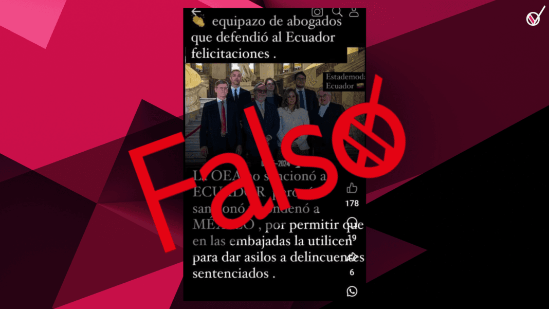 La imagen compartida en redes sociales sobre el supuesto equipo de abogados que defendió a Ecuador ante la OEA y logró sanciones contra México es falsa. 