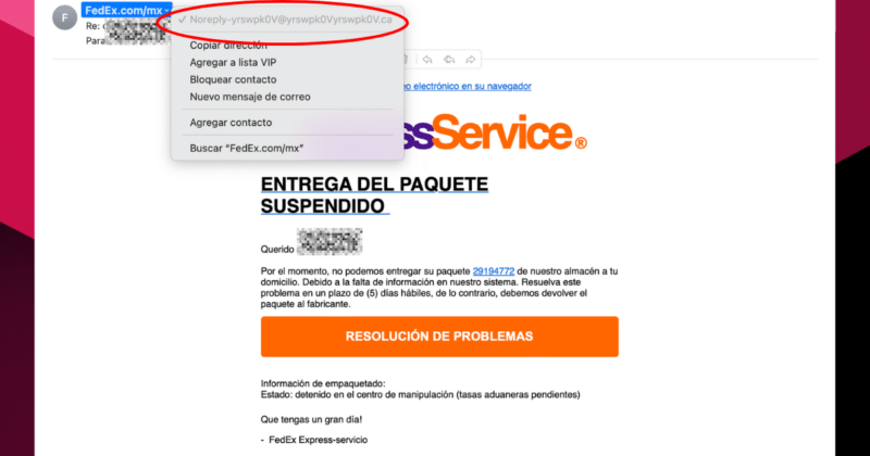 Estafa digital de phishing haciéndose pasar por Fedex