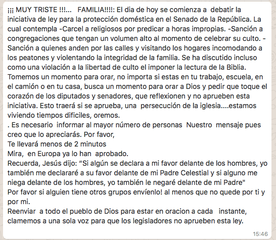 Cadena De Whatsapp donde se dice que se dará cárcel a religiosos