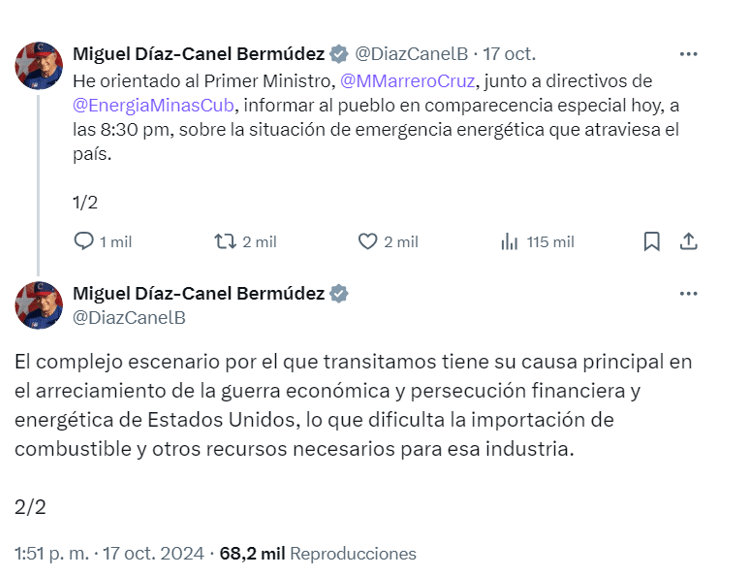 No, México no enviará apoyo económico a Cuba por apagones en la isla 1 Twit del presidente de Cuba, Miguel Díaz
