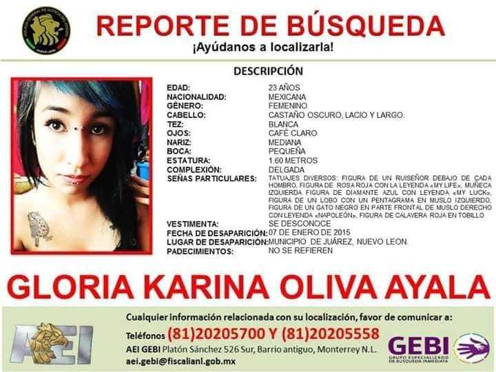 Karina es buscada desde 2015, cuando fue desaparecida en Juárez, Nuevo León.Crédito: Ficha de la FGJNL tomada de Facebook.