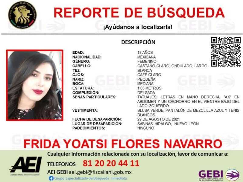 Frida Flores tenía 18 años cuando fue desaparecida en el municipio de Sabinas, Nuevo León. Crédito: Ficha de la FGJNL tomada de Facebook.