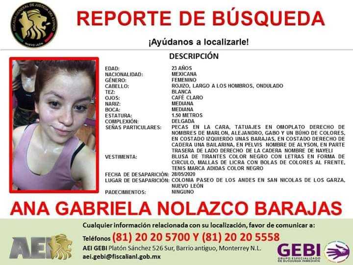 Ana Gabriela Nolazco Barajas fue desaparecida en Guadalupe, Nuevo León, después de ir a una clase de baile. Crédito: Ficha de búsqueda de la FGJNL. 