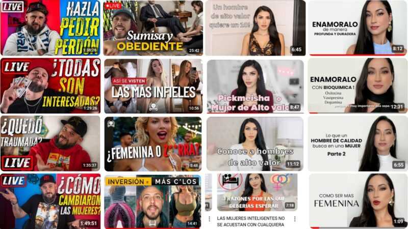 collage con portadas de videos de youtube donde los influencers dan consejos para conseguir pareja basados en estereotipos y desinformación