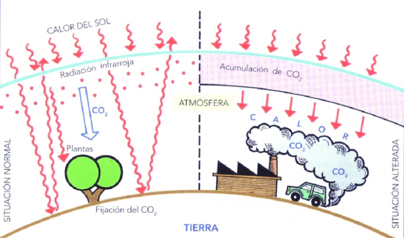 Efecto de los gases de efecto invernadero (como el CO2) en la atmósfera