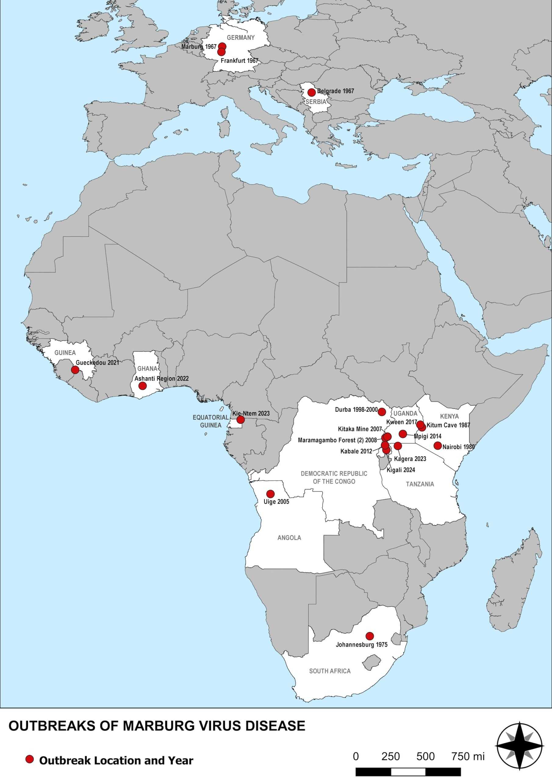 Representación visual de la propagación histórica del virus de Marburg en el continente africano y algunas regiones de Europa, con marcadores que indican los lugares y fechas de los brotes.