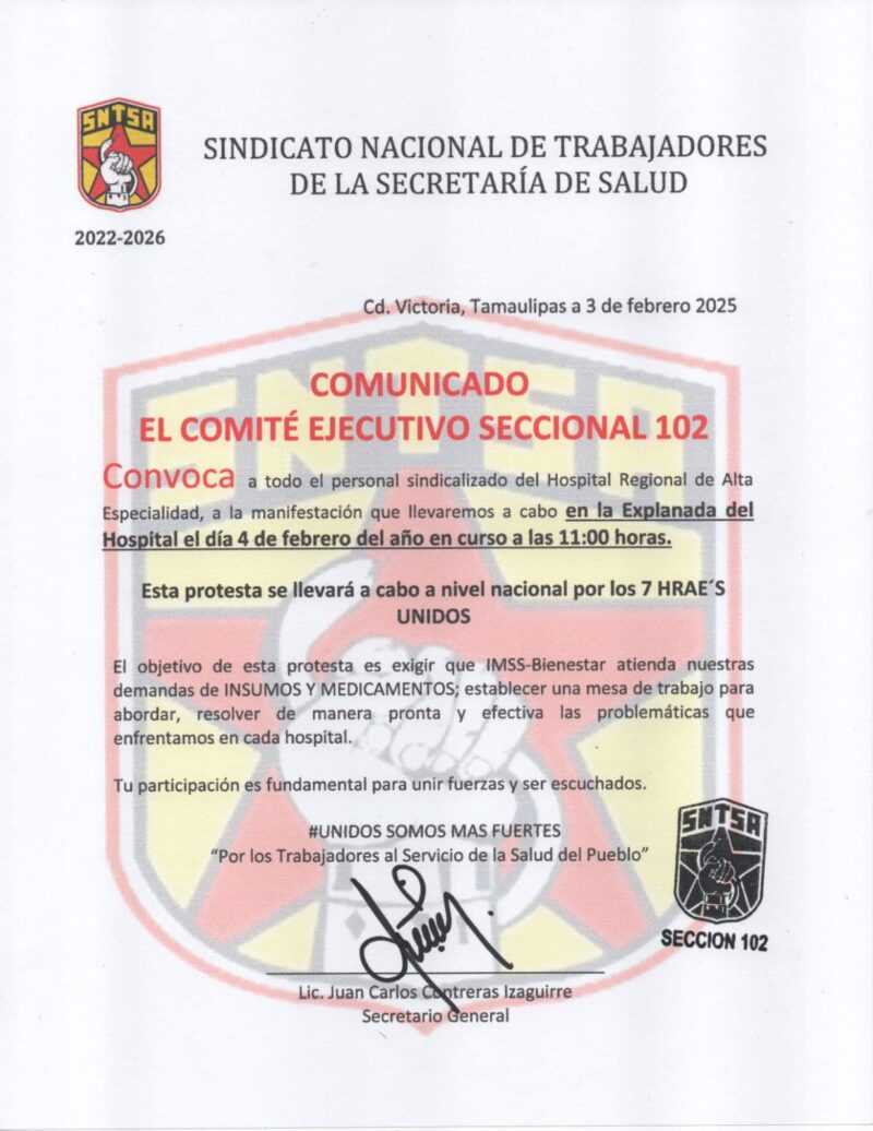 Falso que no haya carencia de medicamentos en el sector público 3 SNTSA Sección 102