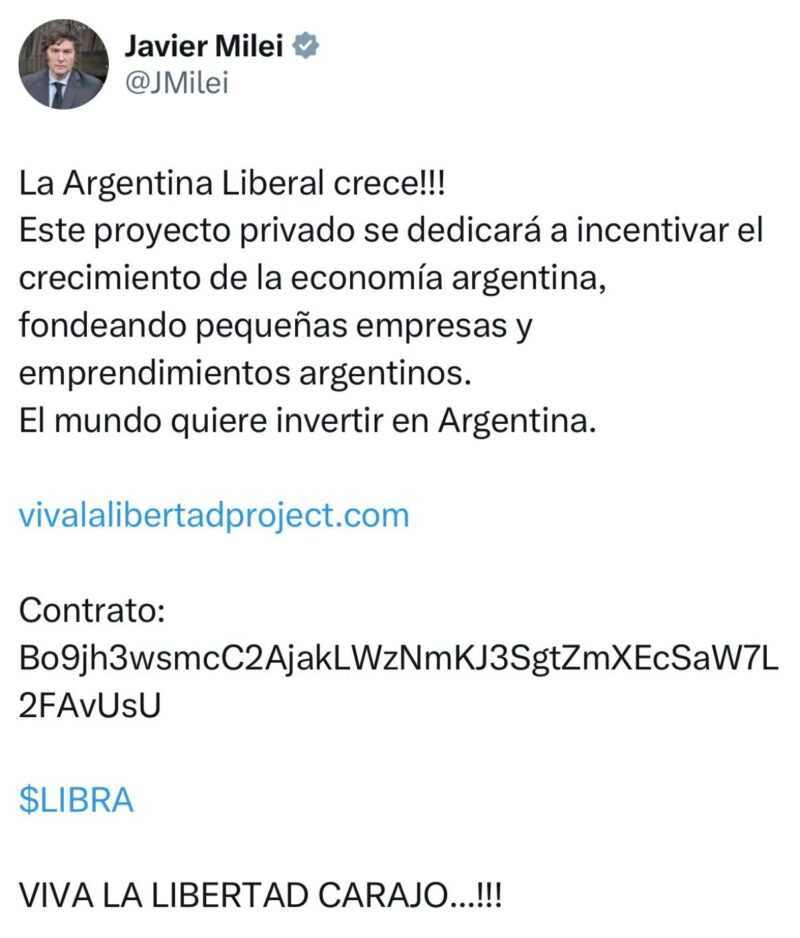 Publicación borrada de la cuenta de X de Javier Milei