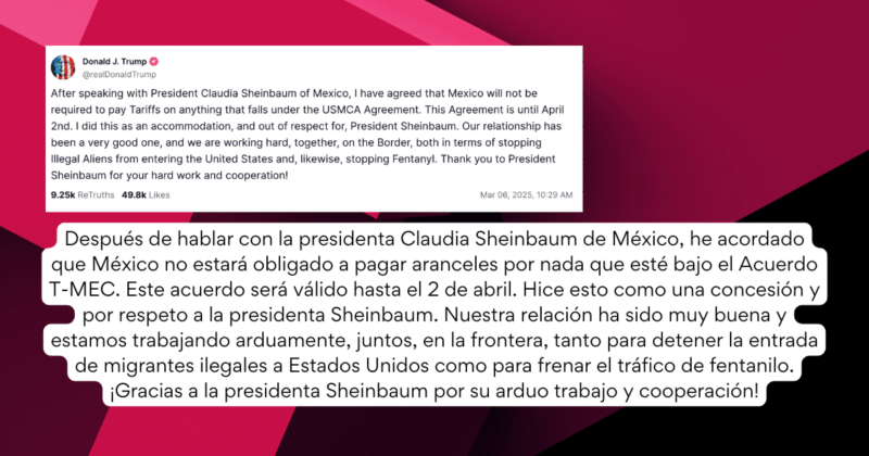 Post de Donald Trumo sobre Claudia Sheinbaum