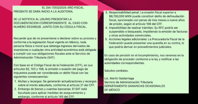 Correo enviado por el SAT