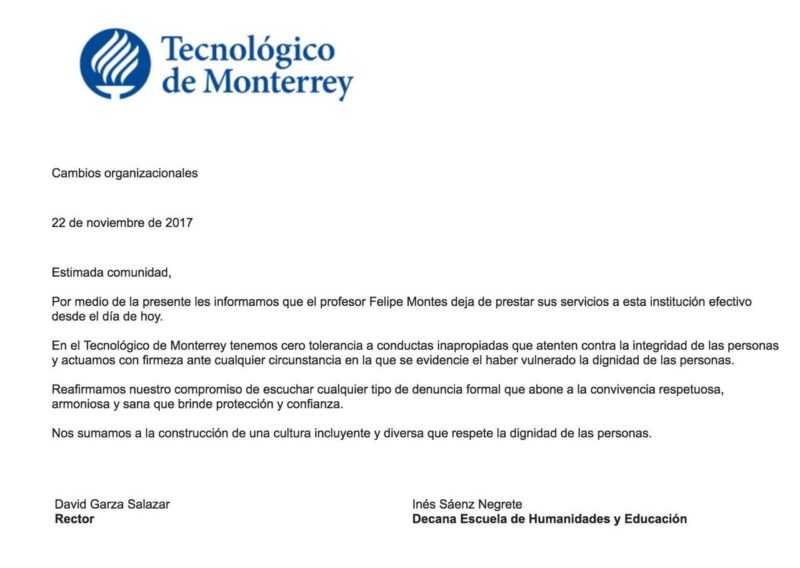 Comunicado de expulsion de Felipe Montes del Tecnologico de Monterrey