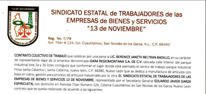 Contrato Colectivo de Trabajo entre el SETEByS y GAIM Regiomontana