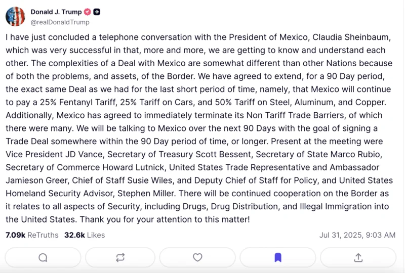 Post de Donald Trump sobre el acuerdo de aranceles con Sheinbaum