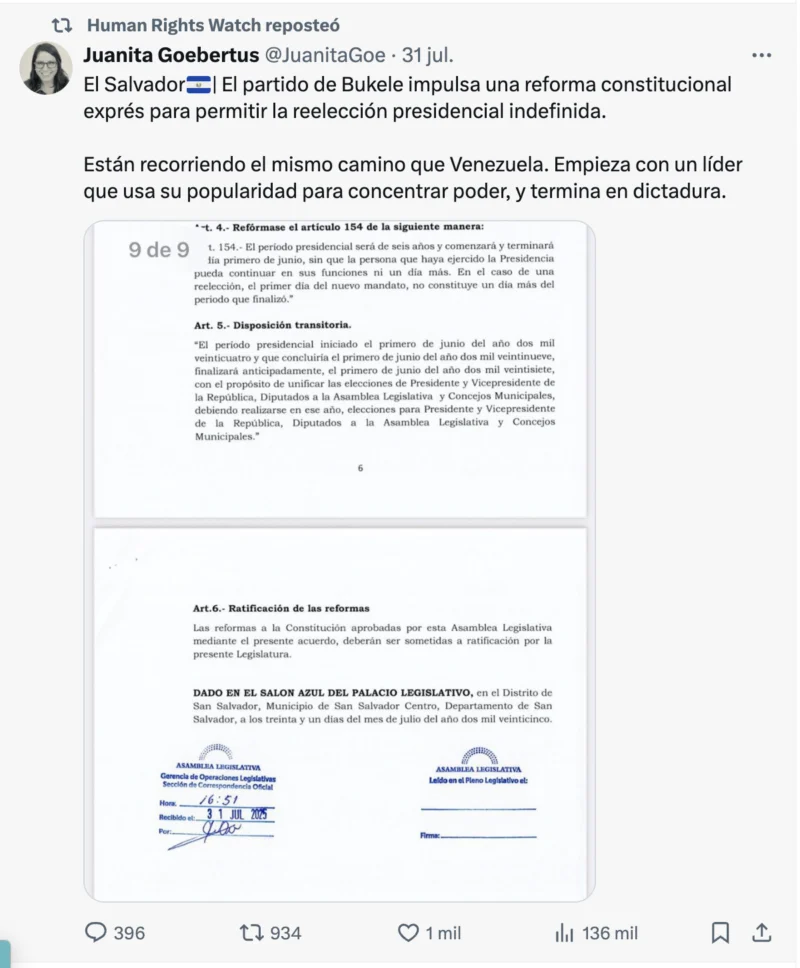 Comentario de HRW sobre la reforma de Bukele