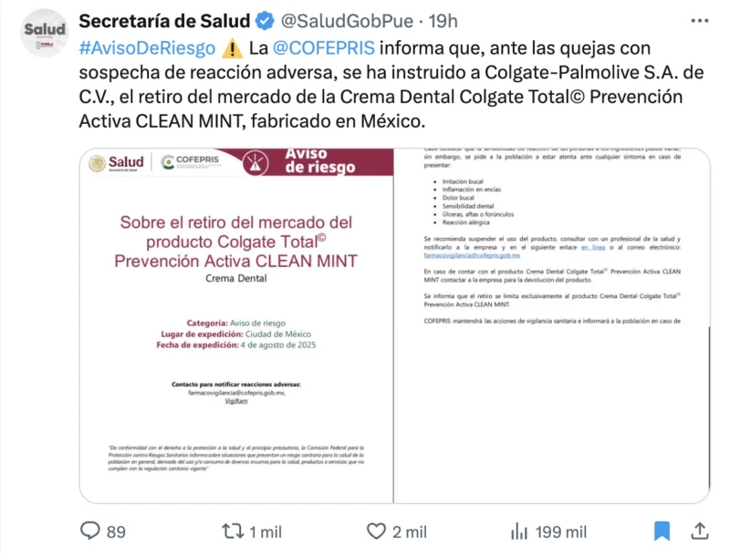 Falso que la pasta dental con flúor causa cáncer y por eso la retiró la COFEPRIS 1 Anuncio de la Cofepris sobre pasta dental con