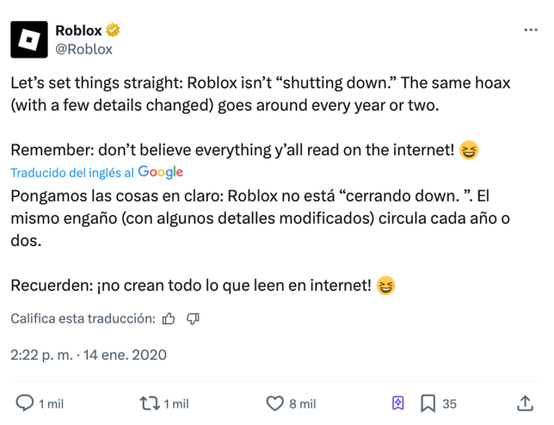No, Roblox no anunció el cierre de su plataforma 2 Captura de pantalla 2025 08 19 a las 4.09.54 p.m