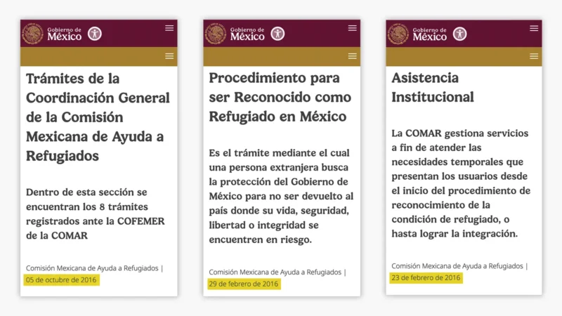 Capturas de pantalla con ejemplos de cómo la página web de la Comisión Mexicana de Ayuda a Refugiados (COMAR) está desactualizada. Hay publicaciones sin actualizar desde hace más de 9 años. En 2016, el año que aparece en las publicaciones, el presidente de México era Enrique Peña Nieto, luego vino el sexenio del presidente Andrés Manuel López Obrador y este 1 de septiembre de 2025 se acaba de cumplir un año del gobierno de Claudia Sheinbaum. / 