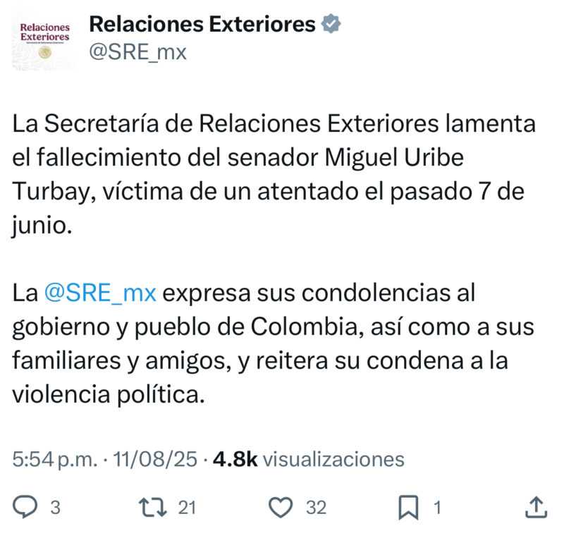 Claudia Sheinbaum no dijo que la muerte de Miguel Uribe es algo "bueno para Colombia" 1 Miguel Uribe