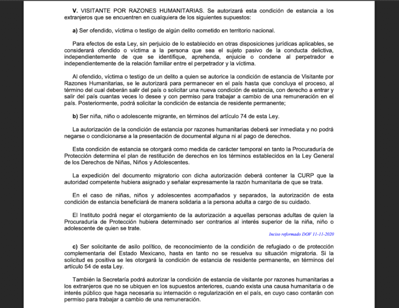 Captura de pantalla de un fragmento del Art. 52 de la Ley de Migración vigente en México. 