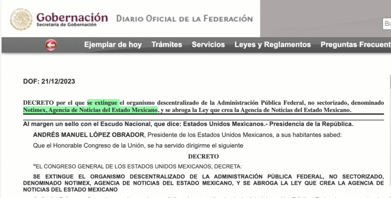 Decreto por el que se extingue Notimex