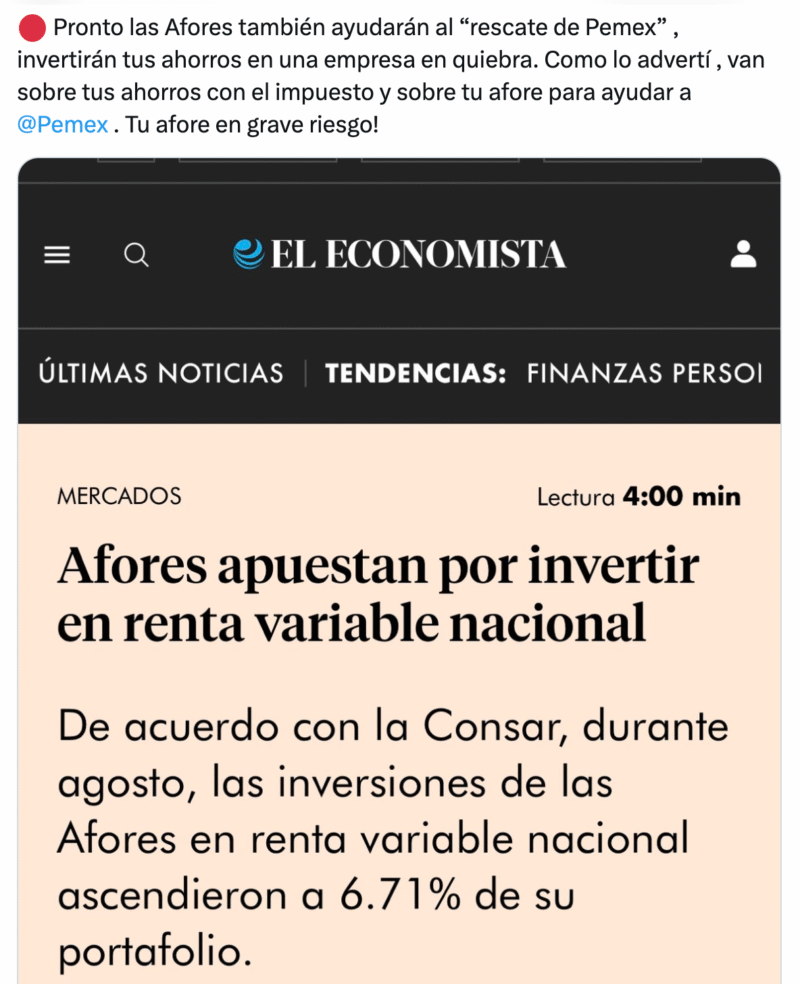 Publicación desinformante sobre el pago de Afores y la deuda de Pemex