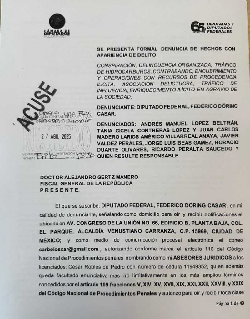 Denuncia de Federico Doring en contra de funcionarios Andres Manuel López Beltrán