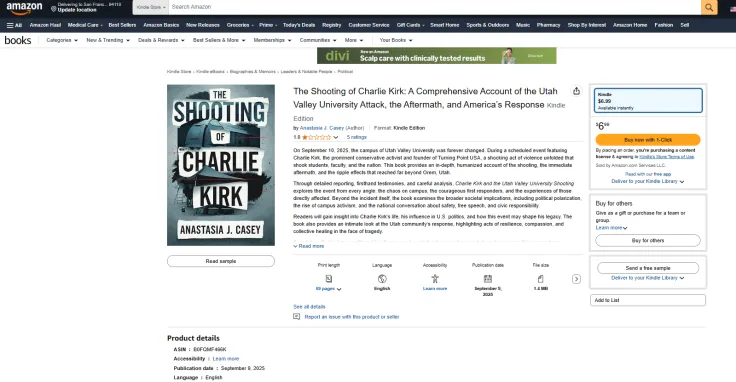 amazon removed book shooting charlie kirk anastasia j casey