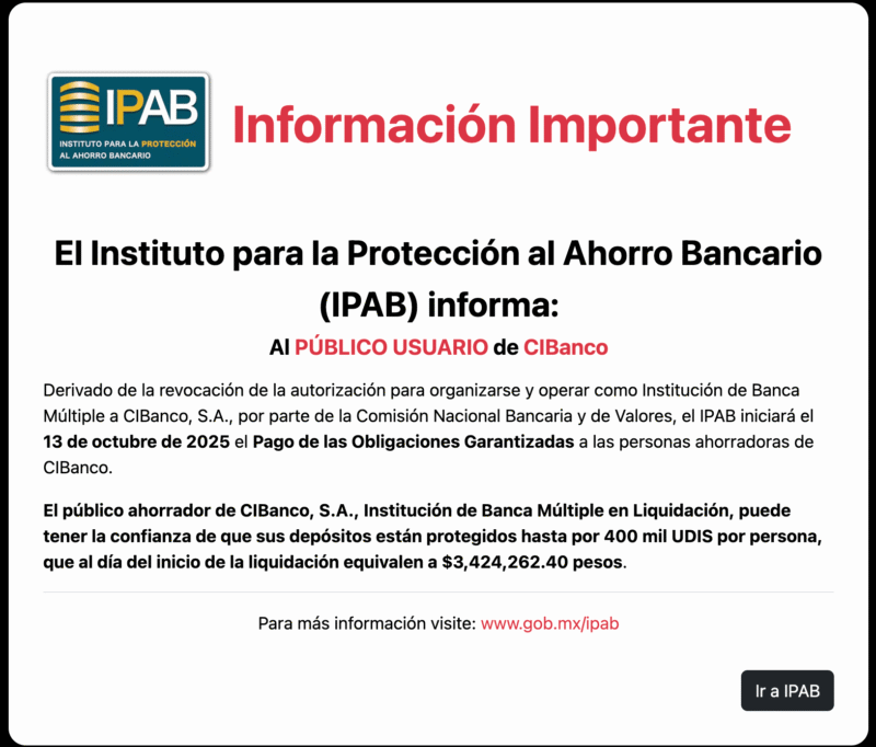 Anuncio que aparece al ingresar a la página web de CIBanco