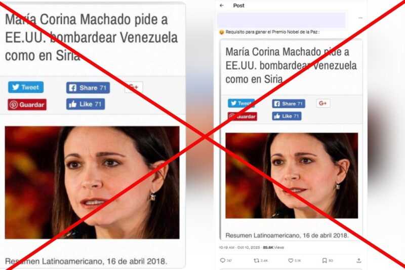 ¿María Corina Machado pidió un bombardeo a Venezuela? Desinforman sobre ganadora del Premio Nobel de la Paz 1 ¿María Corina Machado pidió un bombardeo a Venezuela? Desinforman sobre ganadora del Premio Nobel de la Paz