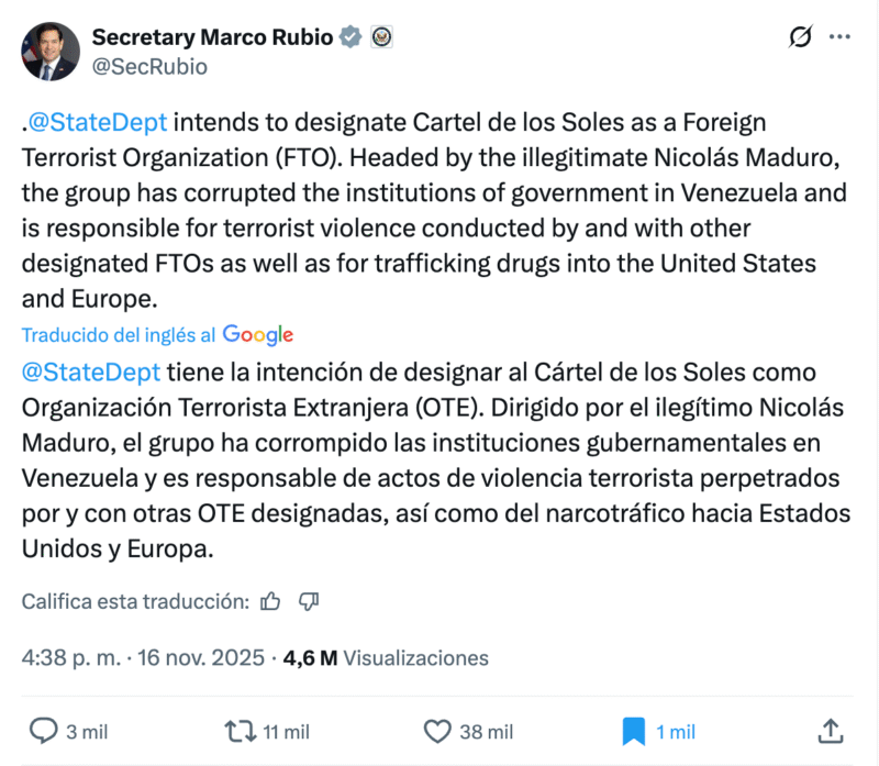 "Apertura" al diálogo entre Donald Trump y Nicolás Maduro genera desinformación 1 Posicionamiento de Marco Rubio sobre la designación del cartel de los soles como Organización terrorista en Venezuela