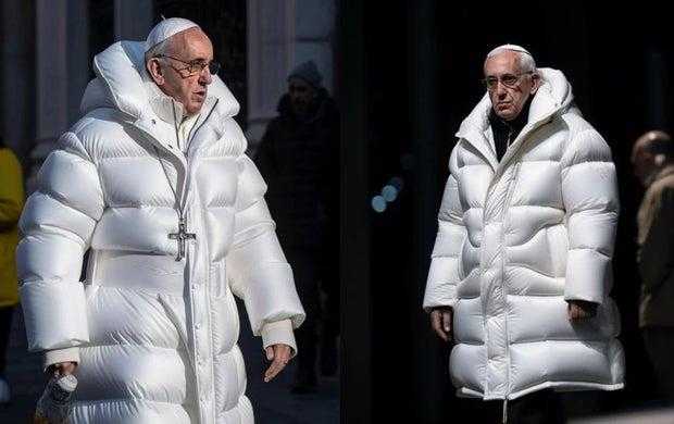 La imagen generada por IA, que mostraba al Papa Francisco I vistiendo una chaqueta acolchada Balenciaga. Imagen: Midjournery, Pablo Xavier