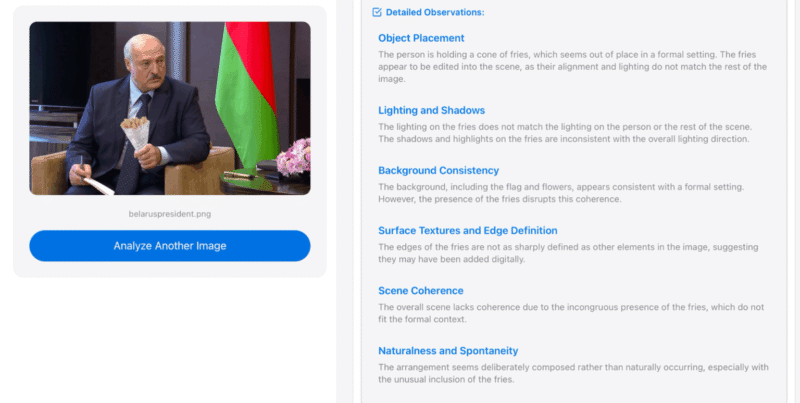 Análisis de una imagen generada por IA, que supuestamente muestra al presidente de Bielorusia sosteniendo un cono con papas fritas. Imagen: Henk van Ess