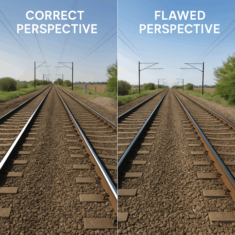 La imagen generada por IA de ferrocarriles desapareciendo en la distancia, junto a la imagen de la vida real con la perspectiva correcta: Henk van Ess