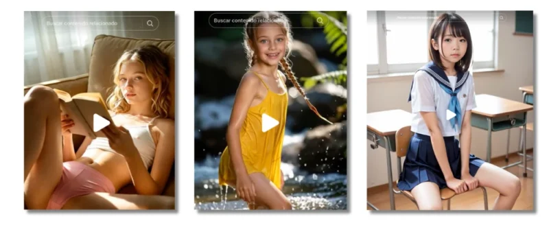 El mercado de contenido sexual de menores generado con IA en TikTok y la puerta a la pornografía infantil 1 Capturas de algunos de los vídeos creados con IA que sexualizan a menores. Fuente: TikTok.