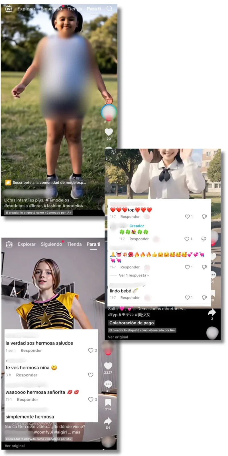 El mercado de contenido sexual de menores generado con IA en TikTok y la puerta a la pornografía infantil 2 Vídeos creados con IA y los comentarios donde se sexualiza a las menores. Fuente: TikTok.