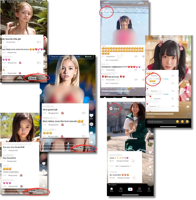 El mercado de contenido sexual de menores generado con IA en TikTok y la puerta a la pornografía infantil 6 Capturas de algunos de los vídeos con las marcas de agua de TikTok AI Alive y Sora. Fuente: TikTok.
