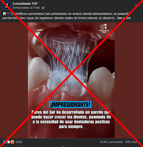 Falso que en Corea del Sur hayan hecho un parche para hacer crecer dientes nuevos.
