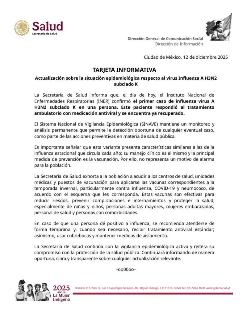 Comunicado Secretaría de Salud sobre el primer caso confirmado de influenza H3N2