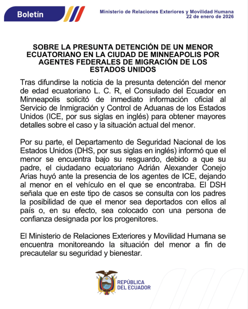¿ICE detuvo a un niño de 5 años en Minneapolis? Esto sabemos sobre el caso de Liam 4 Captura del comunicado