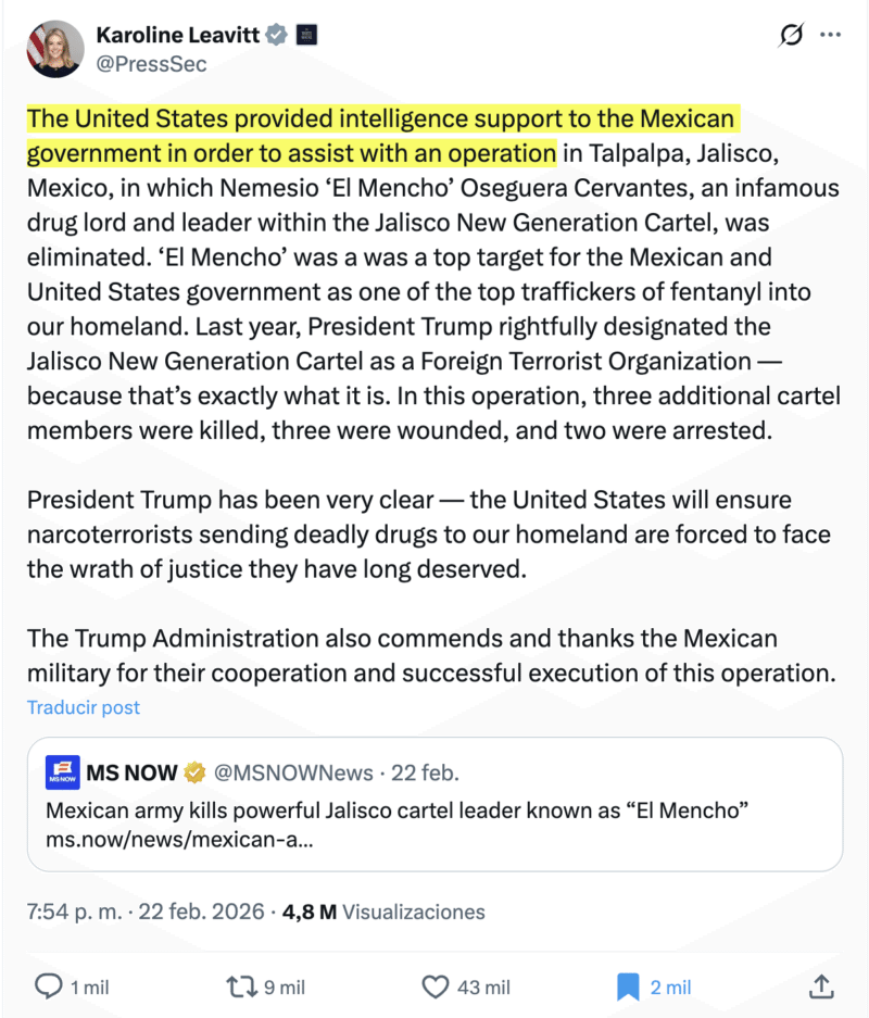 Karoline Leavitt sobre operativo para abatir al Mencho