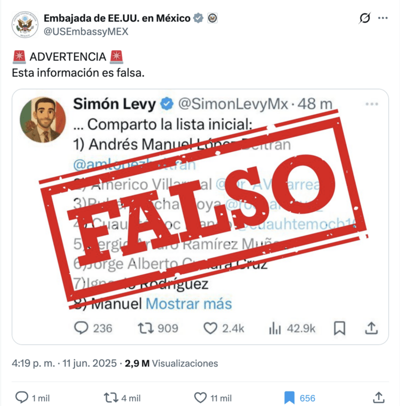 Embajada de Estados Unidos en México desmiente la Marco's List