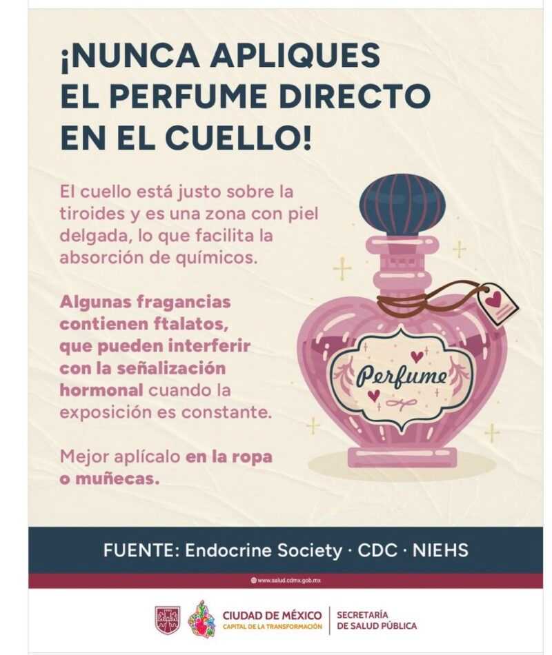 Publicación de la Secretaría de Salud de la Ciudad de México sobre aplicacion de perfume