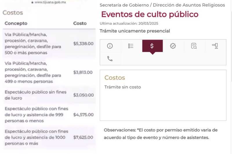 Página oficial sobre trámite de eventos de culto público antes y después del 25 de marzo de 2026