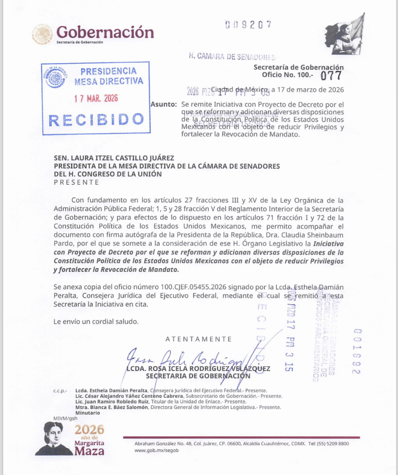 ¿Qué dice el Plan B de Reforma Electoral que envió Claudia Sheinbaum al Senado? 1 Oficio de recepción de la reforma del gobierno federal ante el Senado